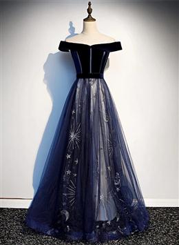 Picture of Navy Blue Floral Off Shoulder Velvet and Tulle Prom Dresses, Blue Party Dresses Formal Dresses